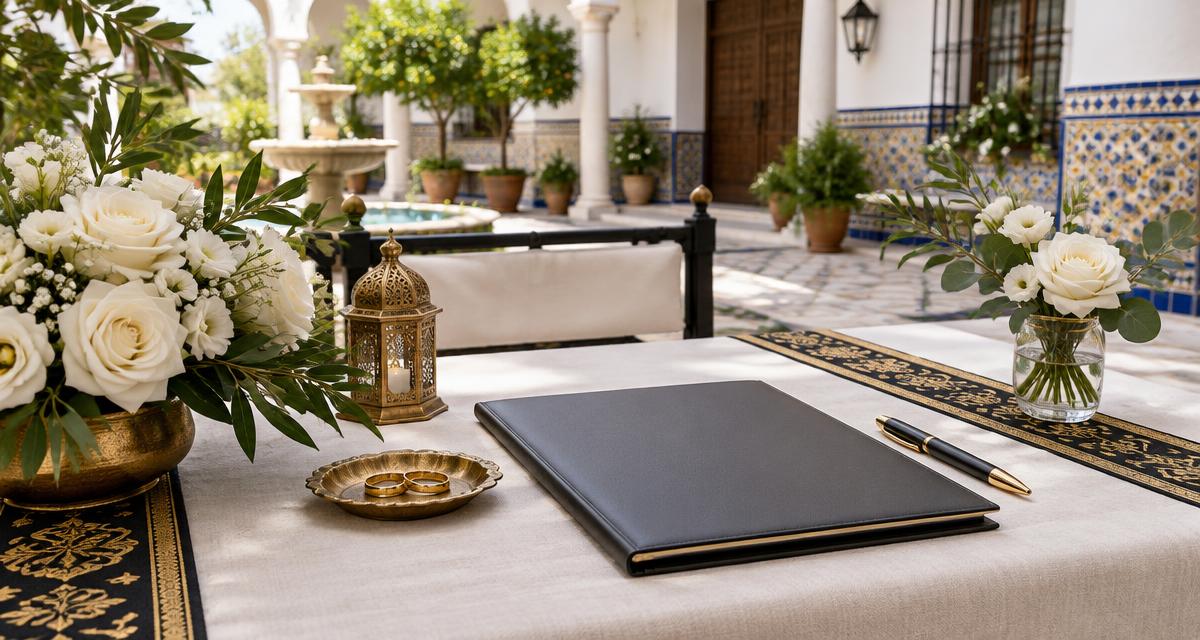 A modest wedding setting, with Nikah documents and floral details