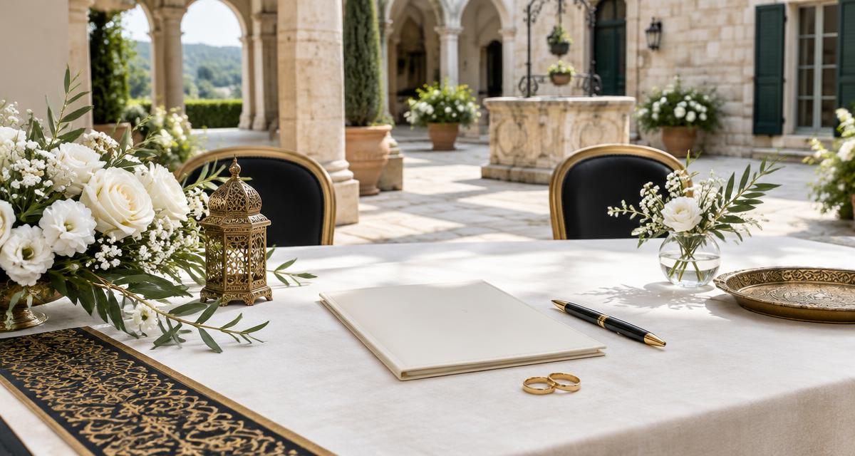 A modest wedding setting, with Nikah documents and floral details